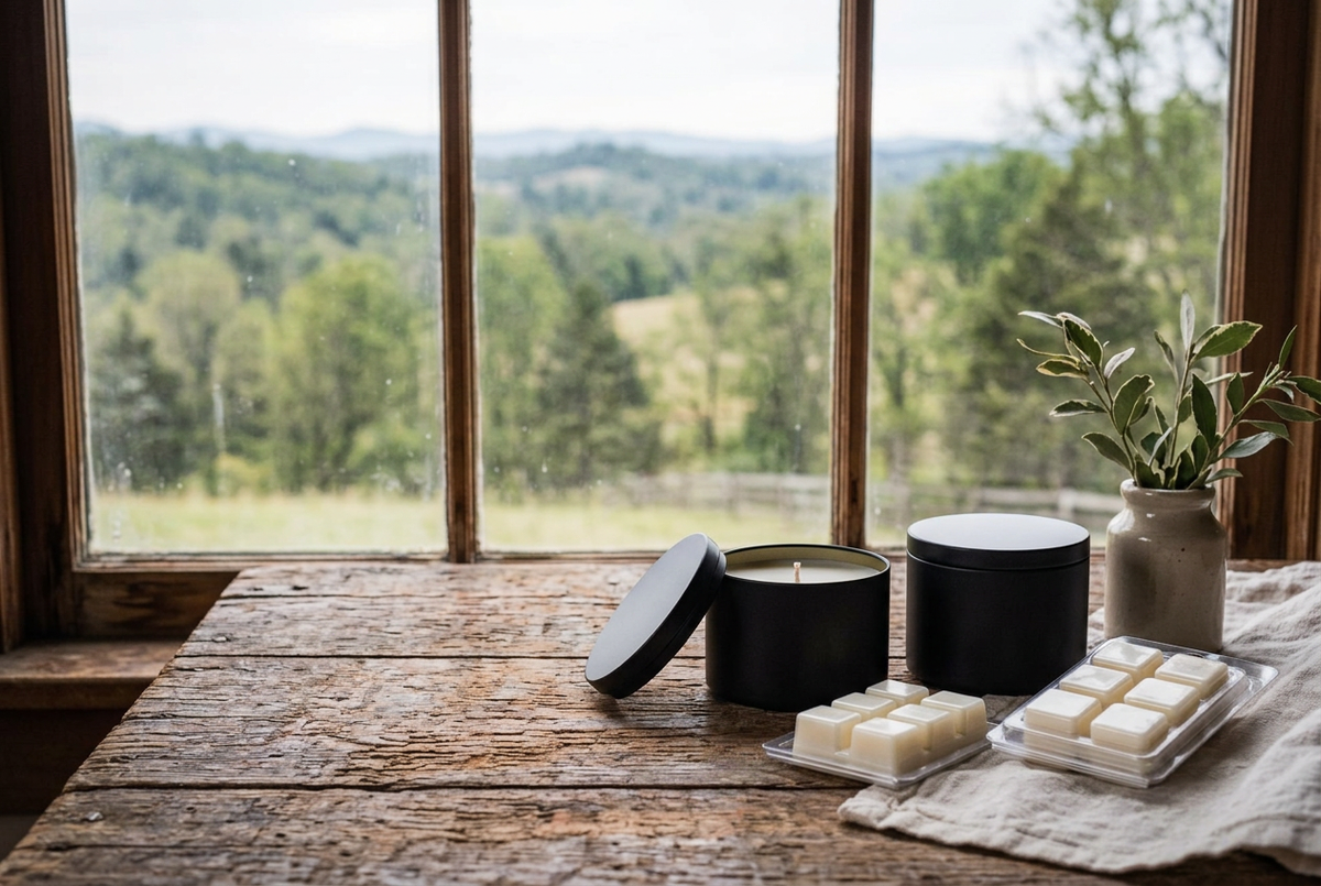 Year-round Kentucky farmhouse image with black candle tins and wax melts